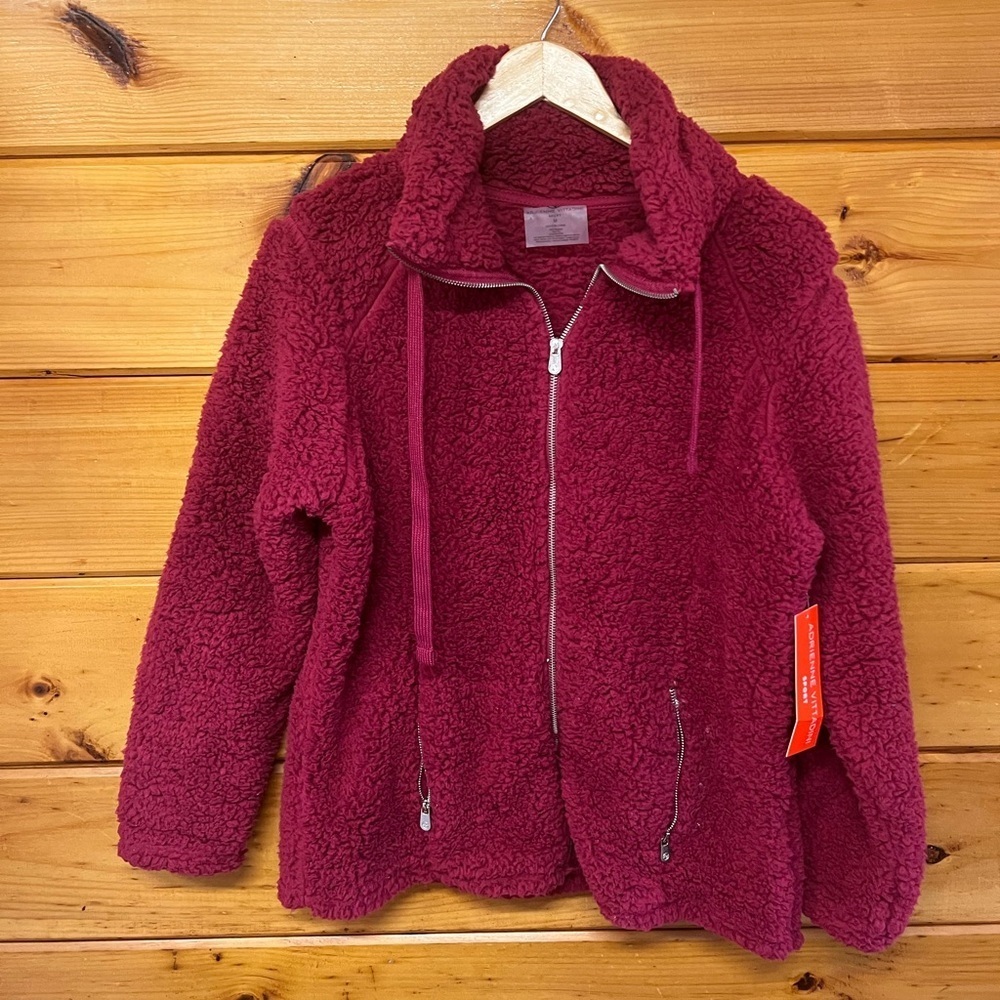 Adrienne Vittadini M Sport Full Zip Burgundy Fleece Teddy Sherpa Jacket
